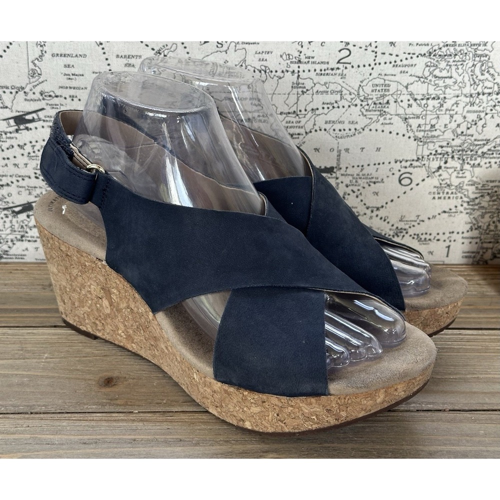 Clarks Cork Wedge Heels Sandals Blue Summer Open Toe Leather Women's 8.5 M